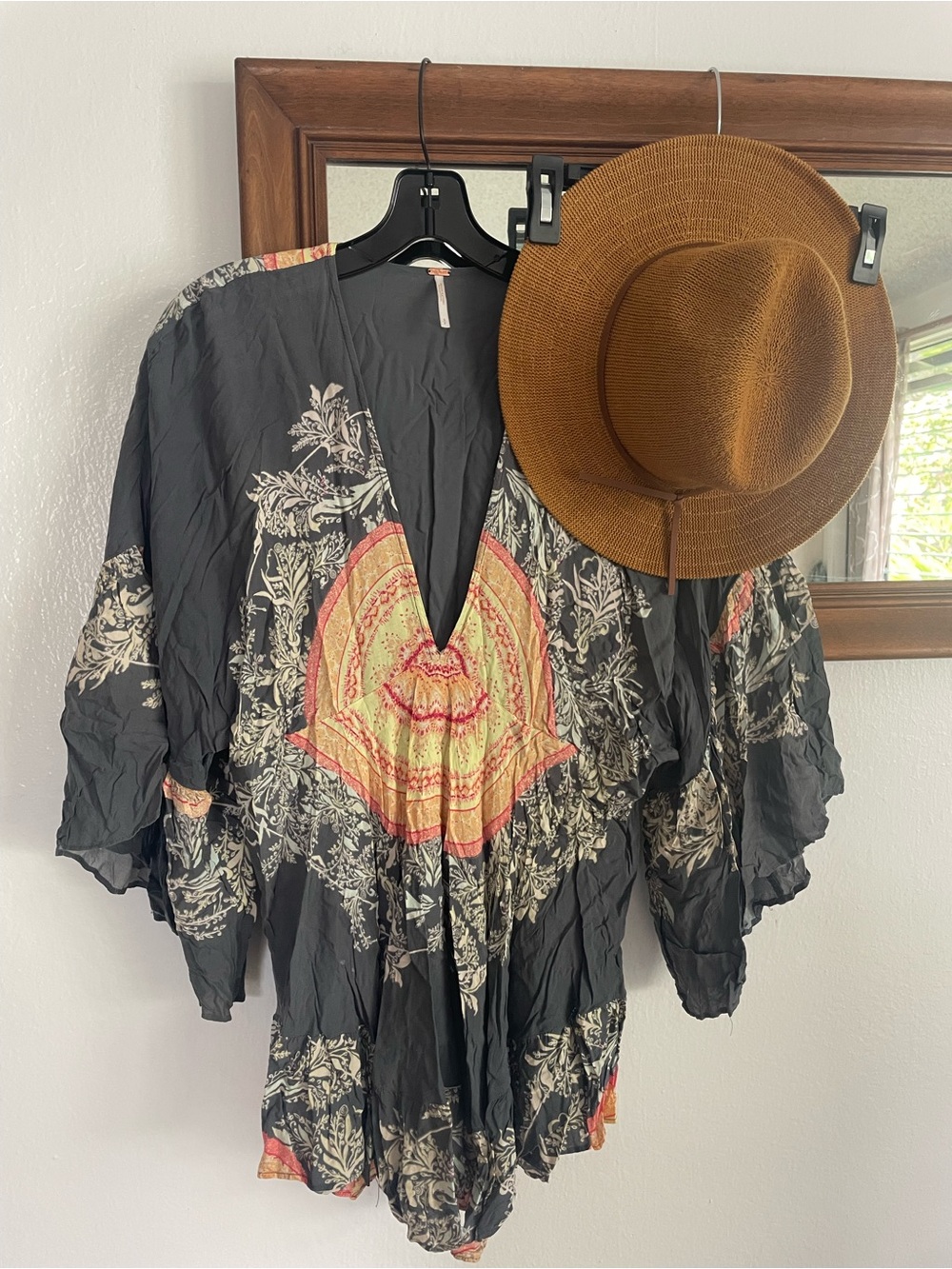 Free People Black Floral Print Boho Blouse with Coral and Cream Accents